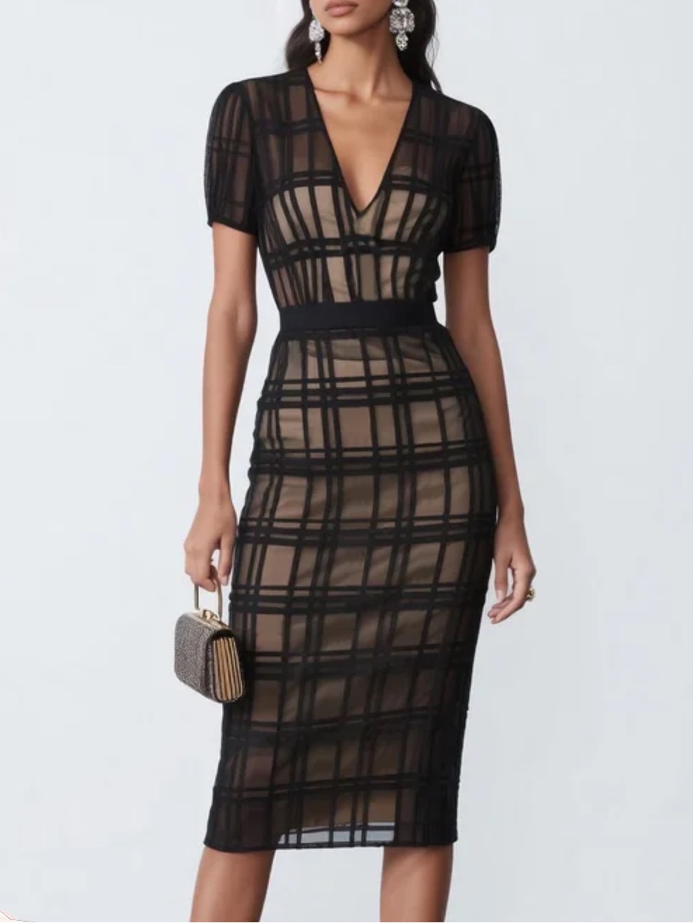 Fehaute Black Plaid Sheer Midi Dress with Deep V Size 6
